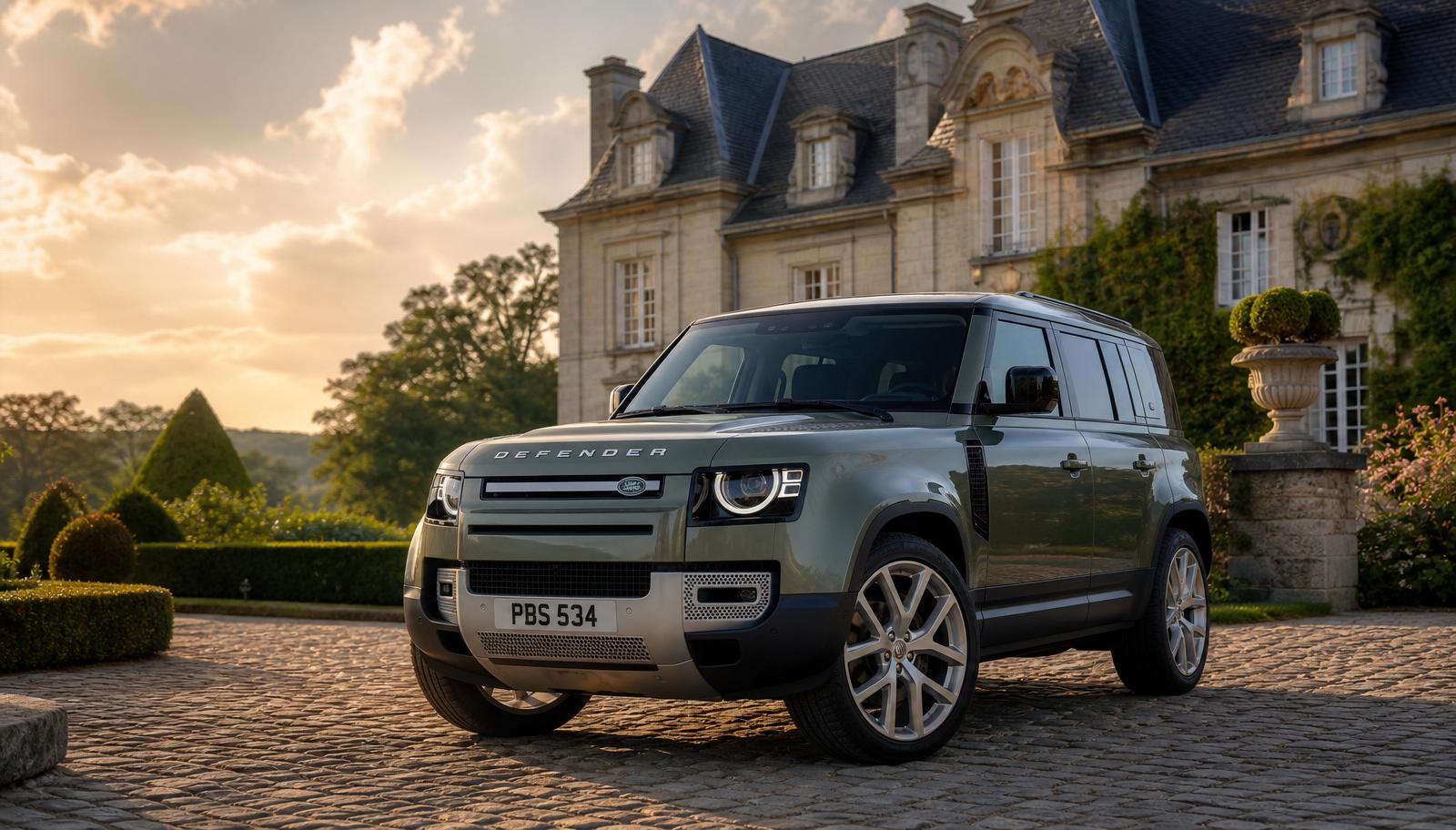 2026 Land Rover Defender 110 on a cobblestone driveway in Europe with a luxury mansion in the background