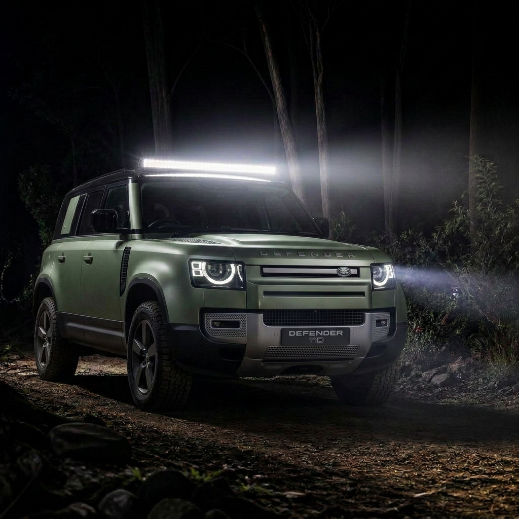 Land Rover Defender with roof-mounted LED light bar