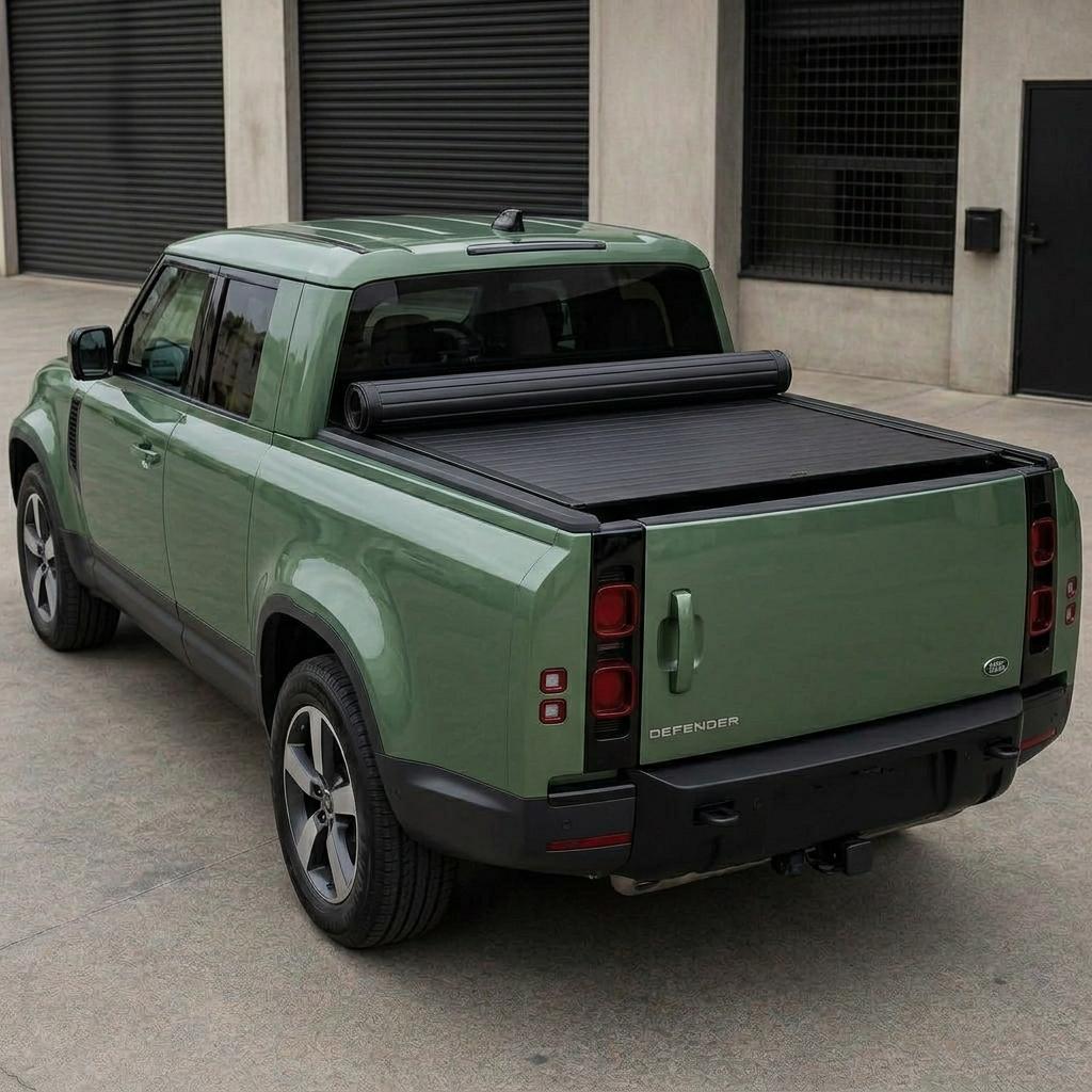 Land Rover Defender with electric roller shutter protecting the tub